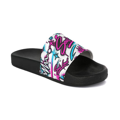 “Souls Loud® Retro Graffiti Slides — Purple & Teal”