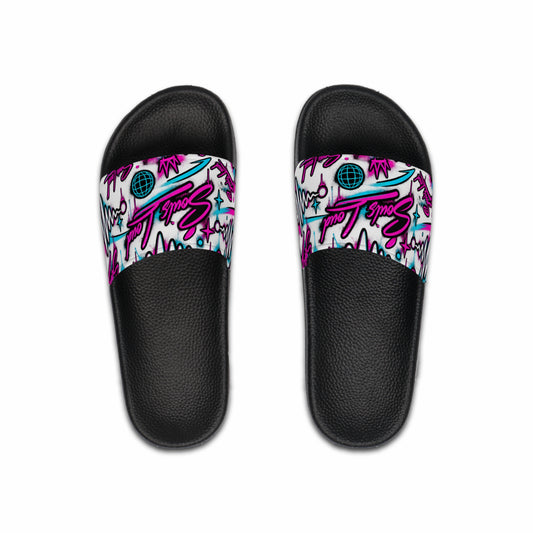 “Souls Loud® Retro Graffiti Slides — Purple & Teal”
