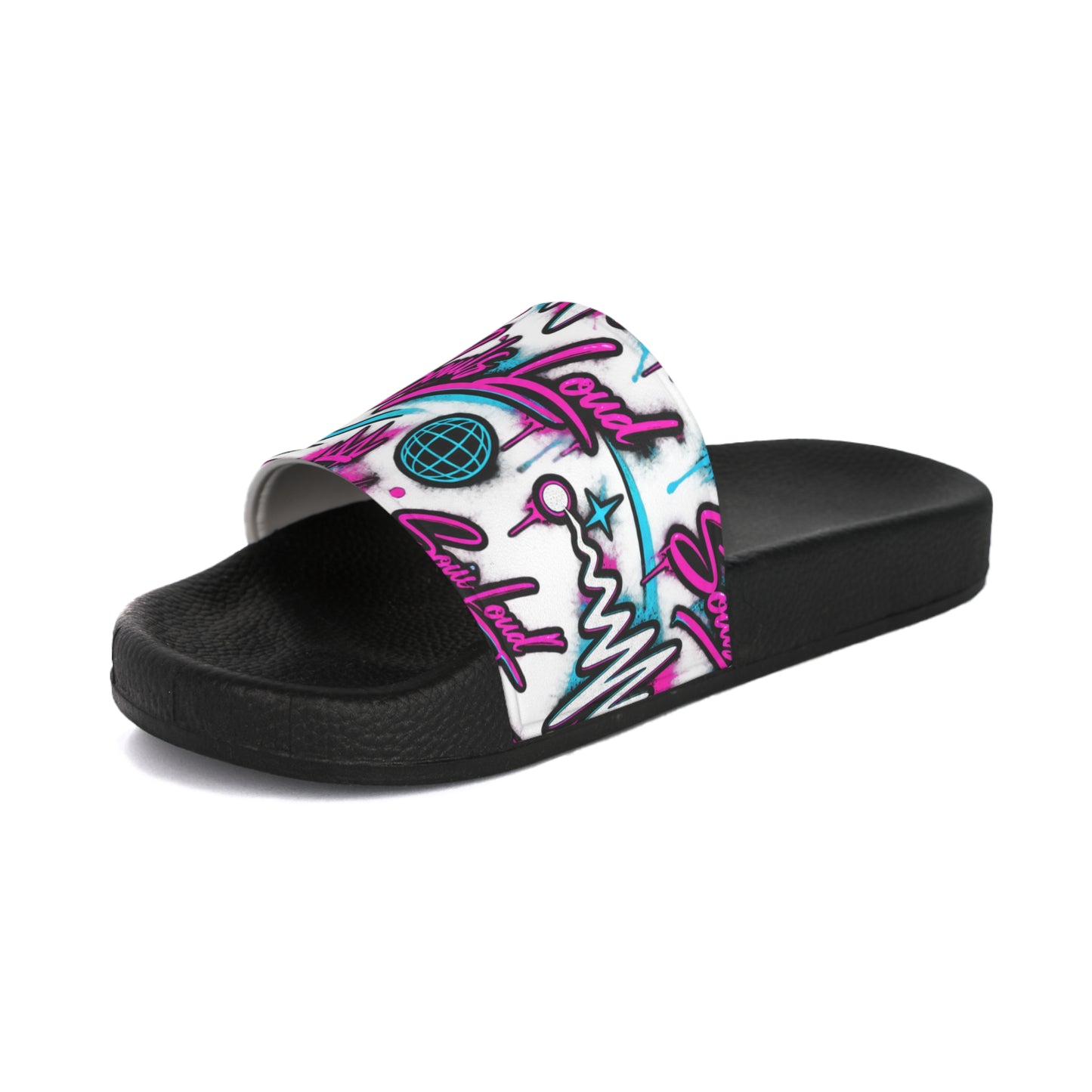 “Souls Loud® Retro Graffiti Slides — Purple & Teal”