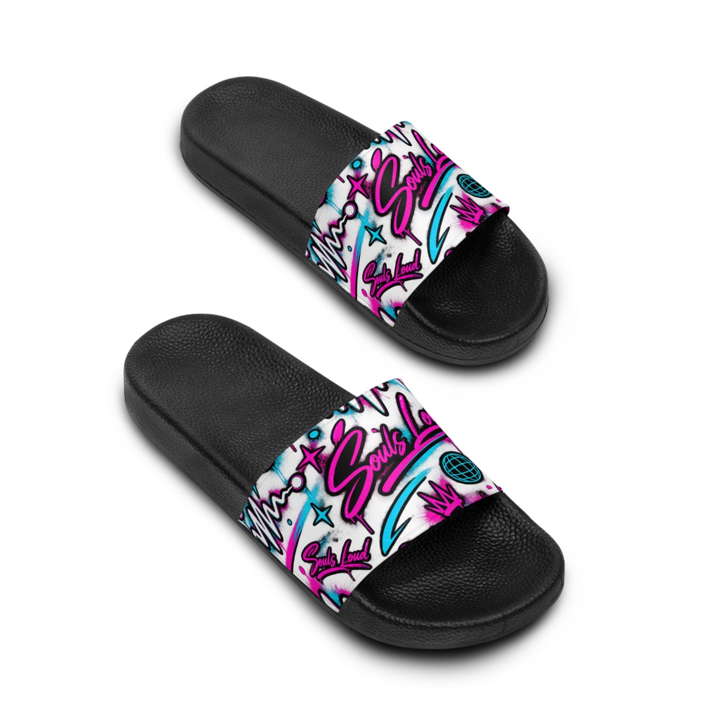 “Souls Loud® Retro Graffiti Slides — Purple & Teal”
